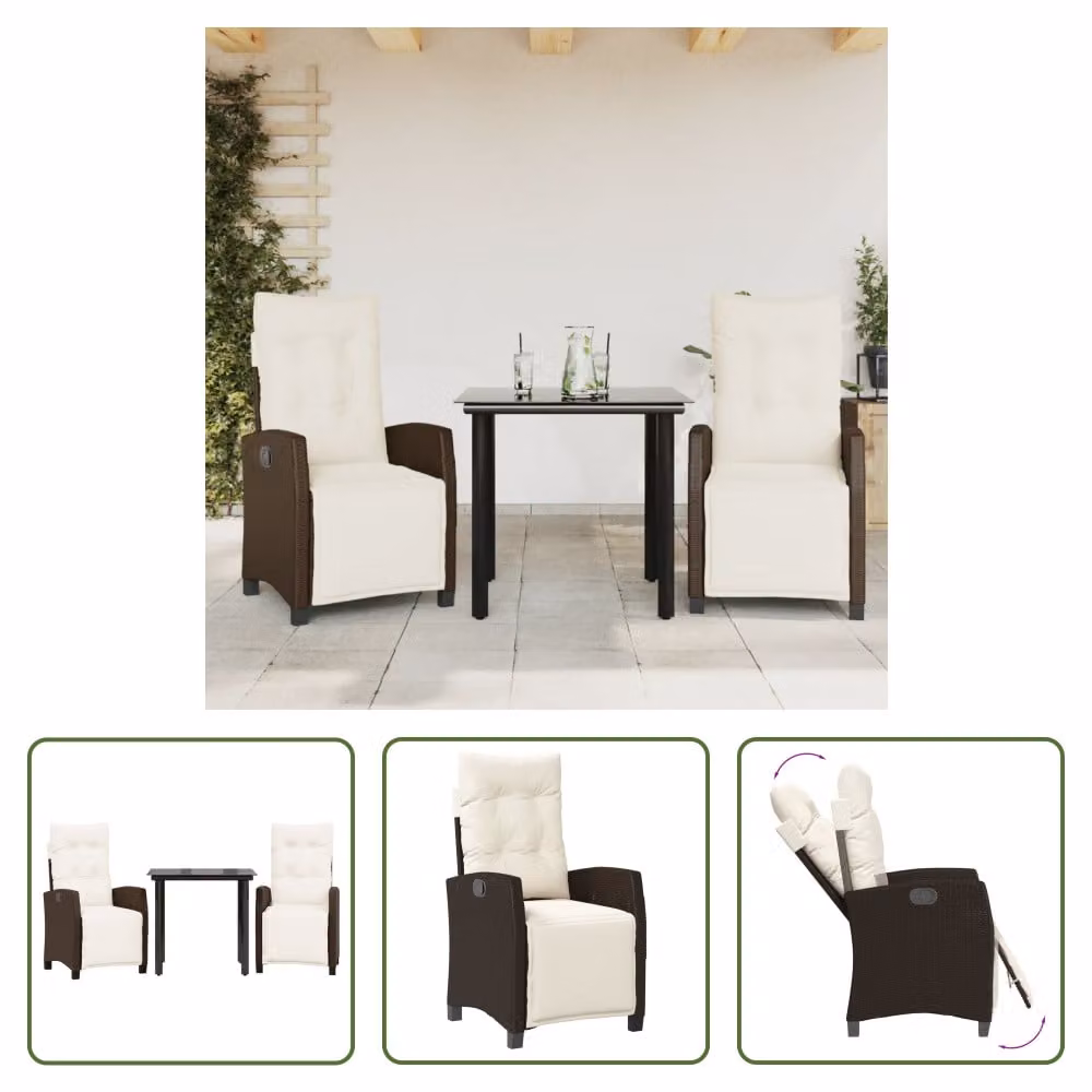 The Living Store Set da pranzo da giardino in 3 pezzi con cuscini in poly rattan marrone