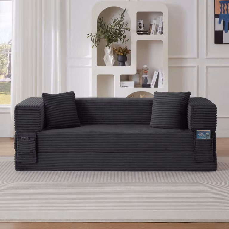 Divano letto realizzato in schiuma ad alta densità, con design a due strati, trasformabile in una piccola letto matrimoniale, rivestito in tessuto corduroy, forma quadrata