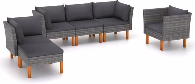 Set da giardino Outsunny a 6 pezzi con divano a L, elemento angolare e pouf in resina intrecciata e legno, colore grigio antracite