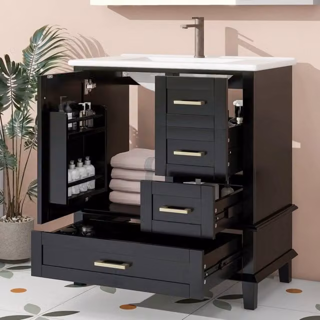 Mobile Bagno con Lavabo Integrato ¨C MINIMAL ¨C Nero, 3 Cassetti, Ripiani Regolabili, 76x46x83.5