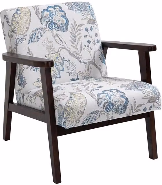 Poltroncina imbottita con braccioli e struttura in legno massello in gomma, rivestimento floreale multicolore blu per soggiorno e camera da letto, L: 78.5 cm, P: 42.0 cm, H: 68.5 cm
