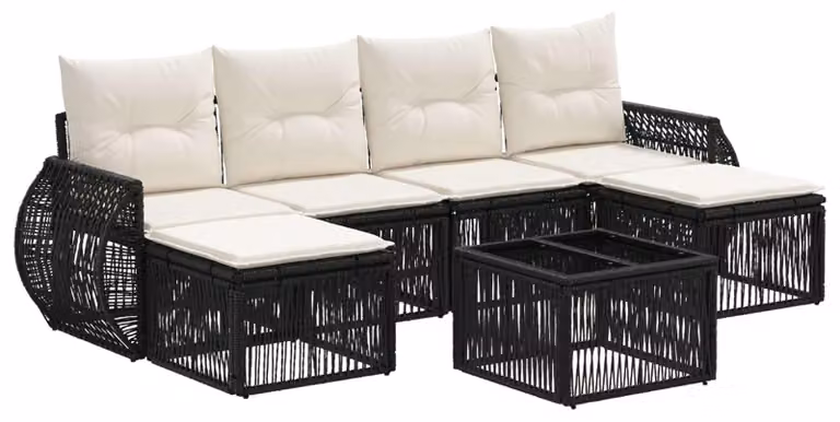 Set Divano da Giardino 7 pcs Nero e Bianco Crema polyrattan