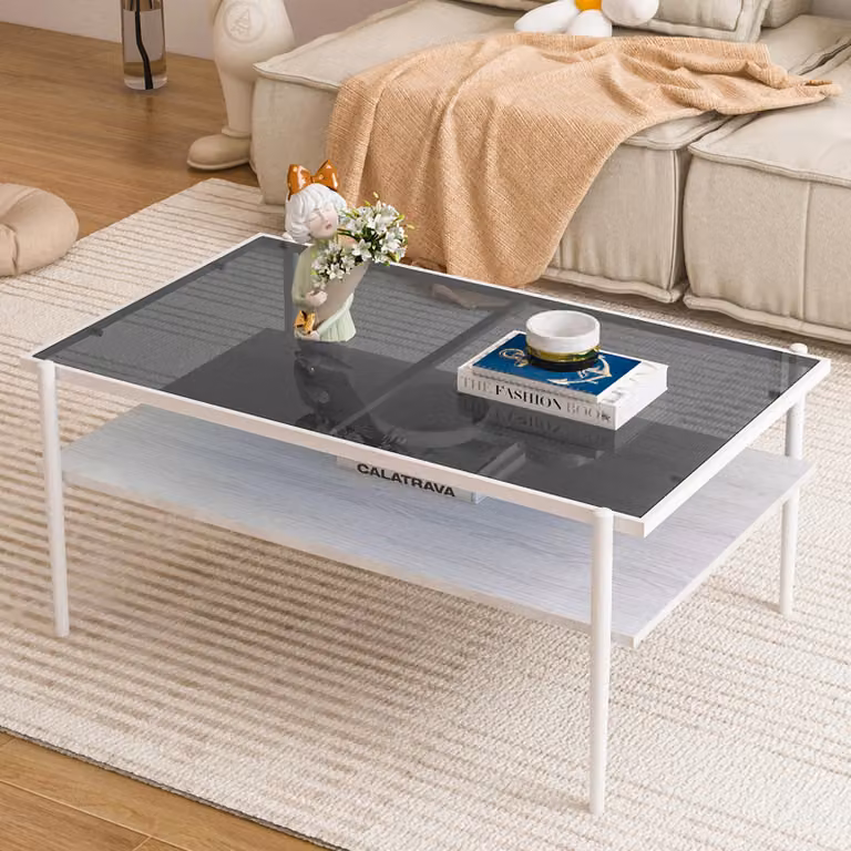Tavolino da divano rettangolare in vetro, con gambe in metallo, color grigio e bianco, design moderno