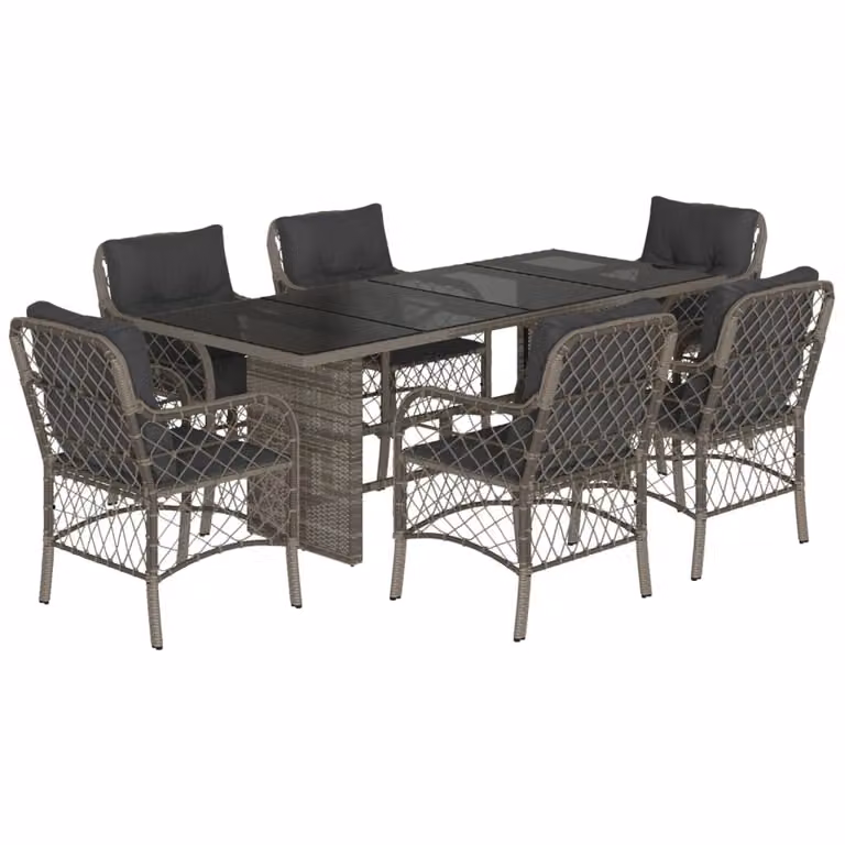 Set da Pranzo da Giardino 7 pz con Cuscini in Polyrattan Grigio