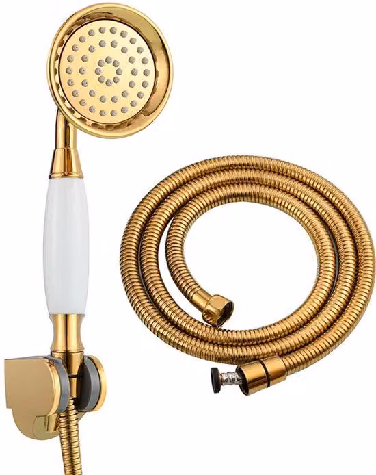 Soffione in ottone con tubo flessibile resistente allo strappo da 1,5 m; soffione con supporto di appoggio; rubinetto per soffione con finitura dorata