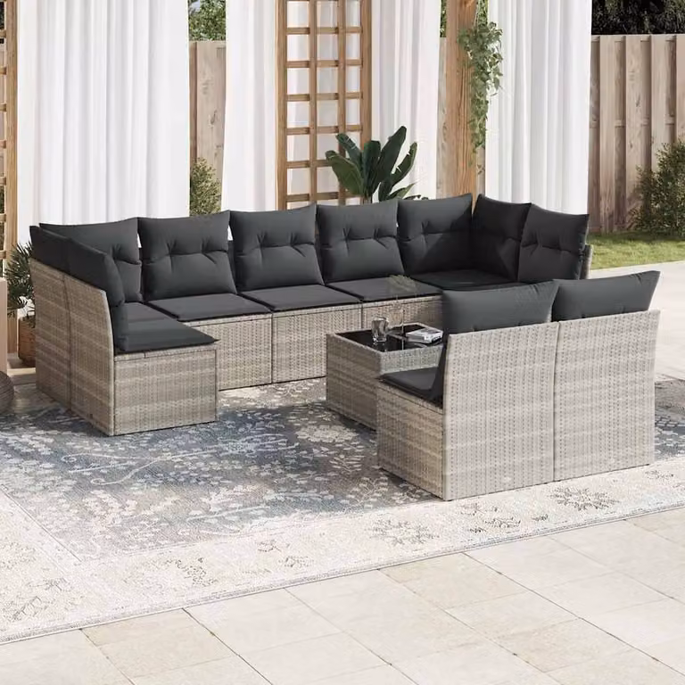 vidaXL Set Divano da Giardino a Forma di U in Polyrattan Grigio con Cuscini e Tavolino da Caffè