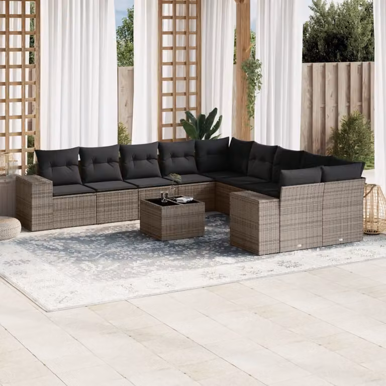 Set di divani da giardino vidaXL 11 pz in rattan grigio con cuscini e tavolino da esterno a forma di L