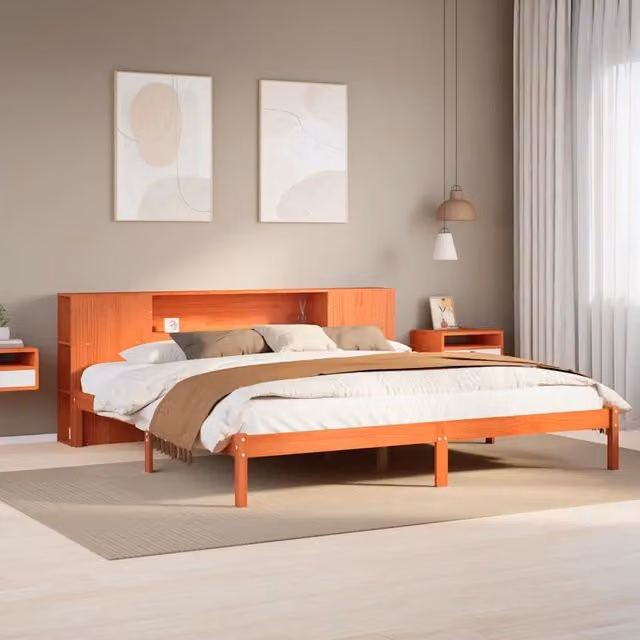 Letto Libreria senza Materasso-Struttura Letto con contenitore Marrone Cera 200x200 cm in Pino 909891