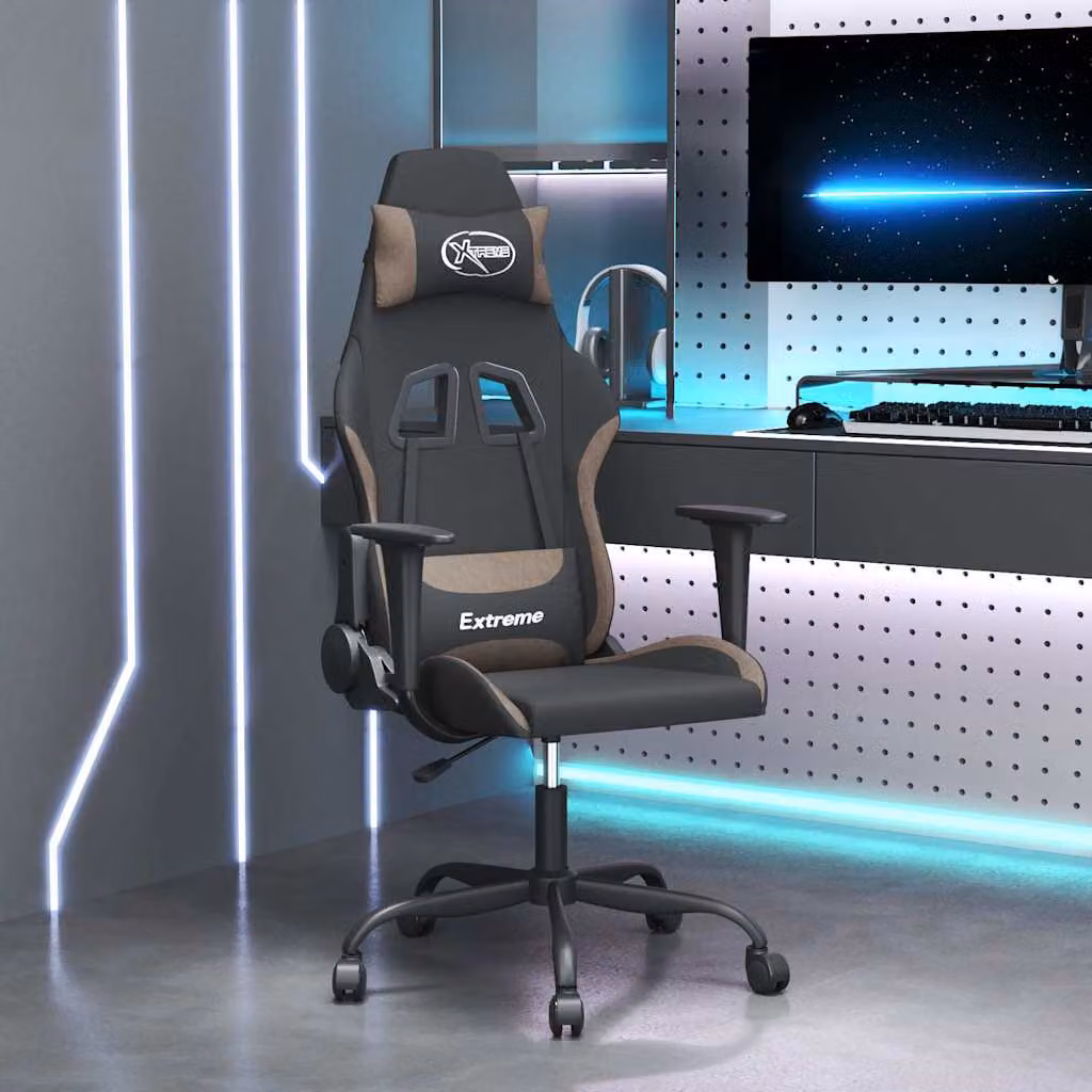 Sedia da Gaming vidaXL in Tessuto con Poggiatesta e Ruote, Nero, Beige e Grigio