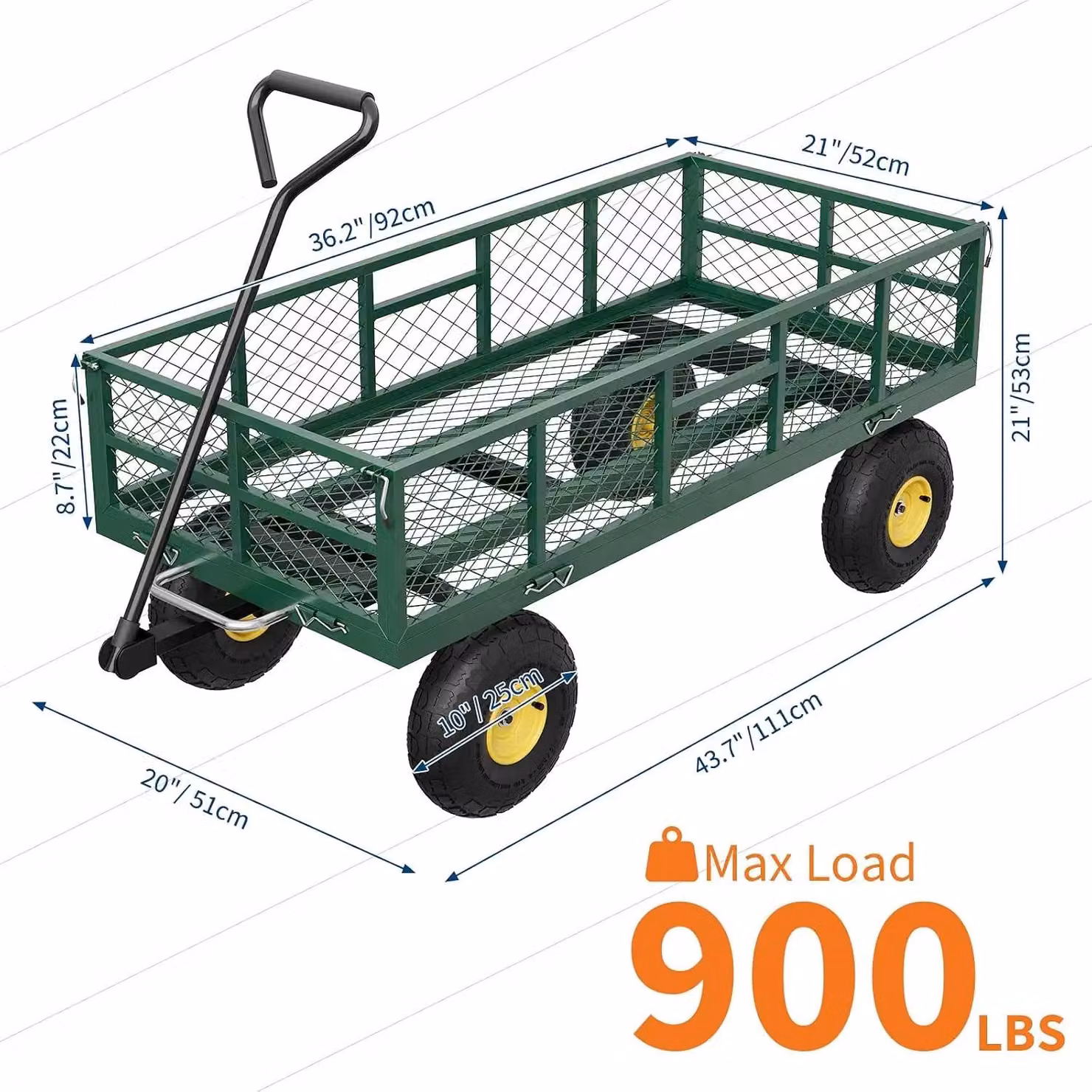 Carrello ribaltabile per giardino – Struttura in acciaio – Capacità di carico 408 kg – Pareti laterali a griglia rimovibili – Pneumatici da 25 cm – Maniglia girevole a 180° – Ideale per giardino e cortile