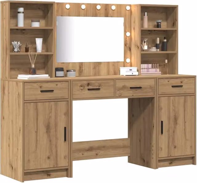 Set da Toeletta | Tavolo da Trucco con LED 3 pz Rovere artigianale