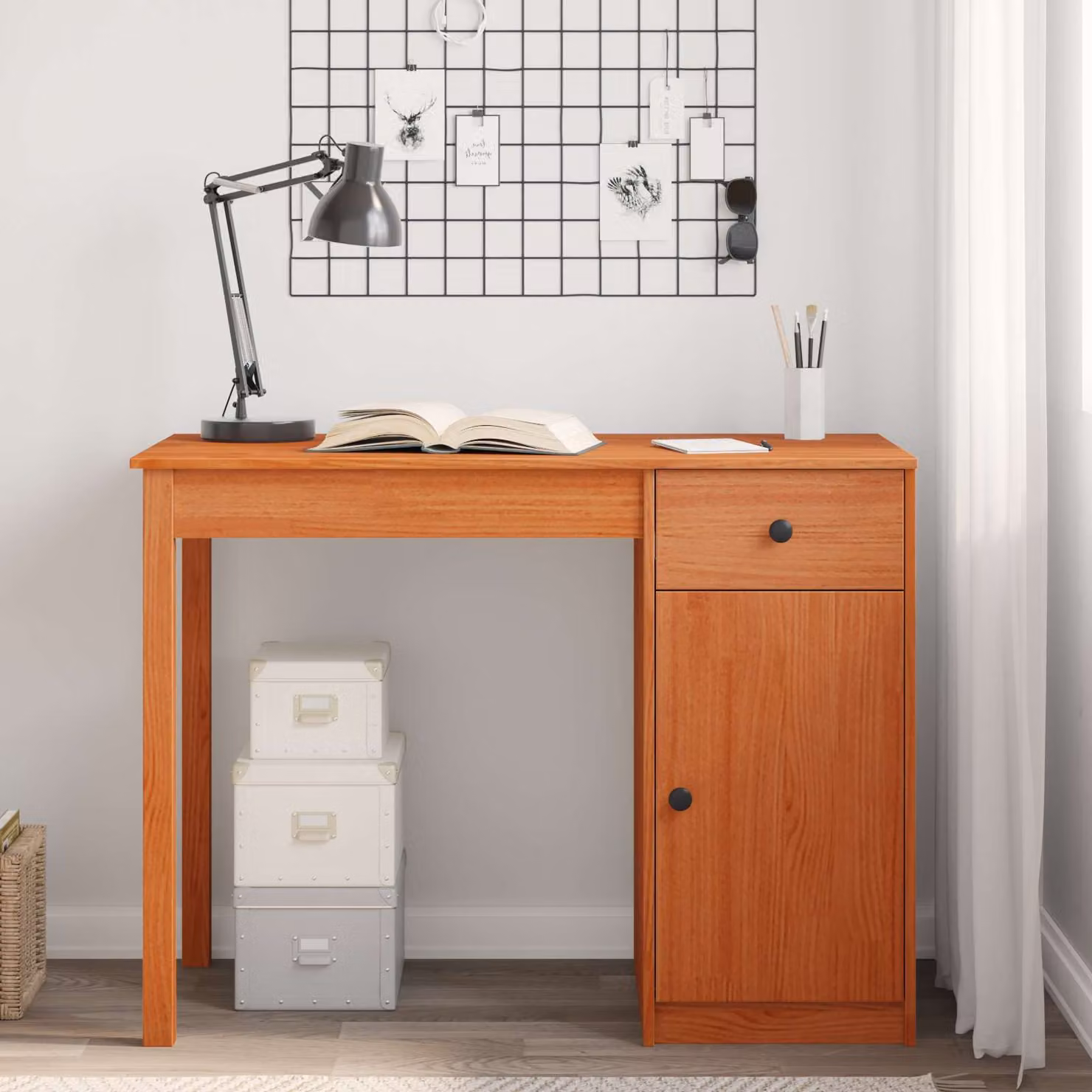 Scrivania moderna vidaXL in legno di pino massiccio color marrone, L 100 x P 50 x H 74 cm