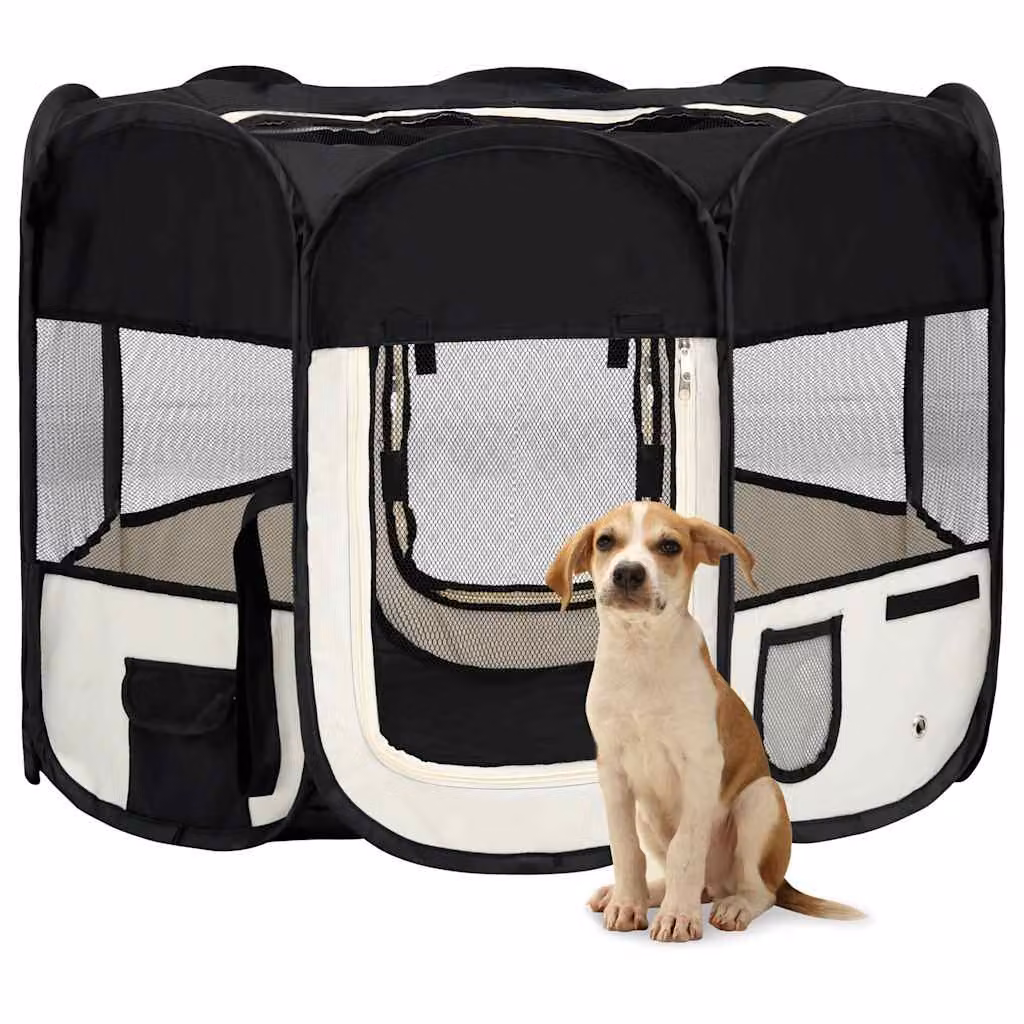 vidaXL Box per Cani Pieghevole con Borsa per il Trasporto, Nero e Beige, L 90 cm x P 90 cm x H 58 cm