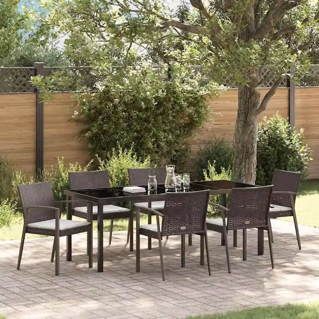 Set da pranzo per giardino e terrazzo vidaXL in rattan marrone e nero, 7 pezzi – 1