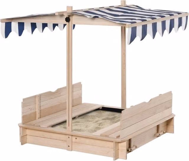 Sandbox in legno Minimal con panche, coperchio e tendalino, L/P: 106 x 106 cm
