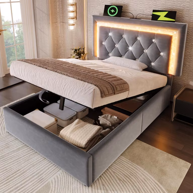 Letto imbottito 90x200 cm con contenitore a sollevamento idraulico, testiera LED, porte USB e USB-C, regolabile in altezza, rete a doghe, rivestito in velluto grigio