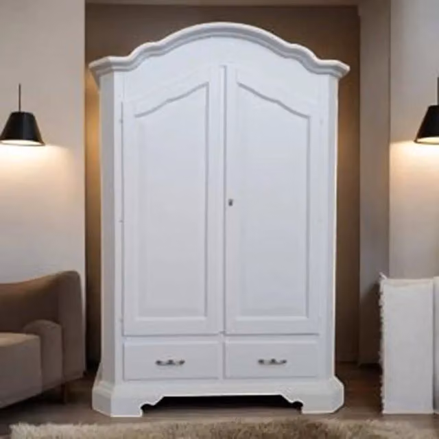 Armadio Shabby Chic Budapest KIVIO bianco in legno di pioppo con 2 ante e cassetti interni L: 138 cm, P: 61 cm, H: 200 cm