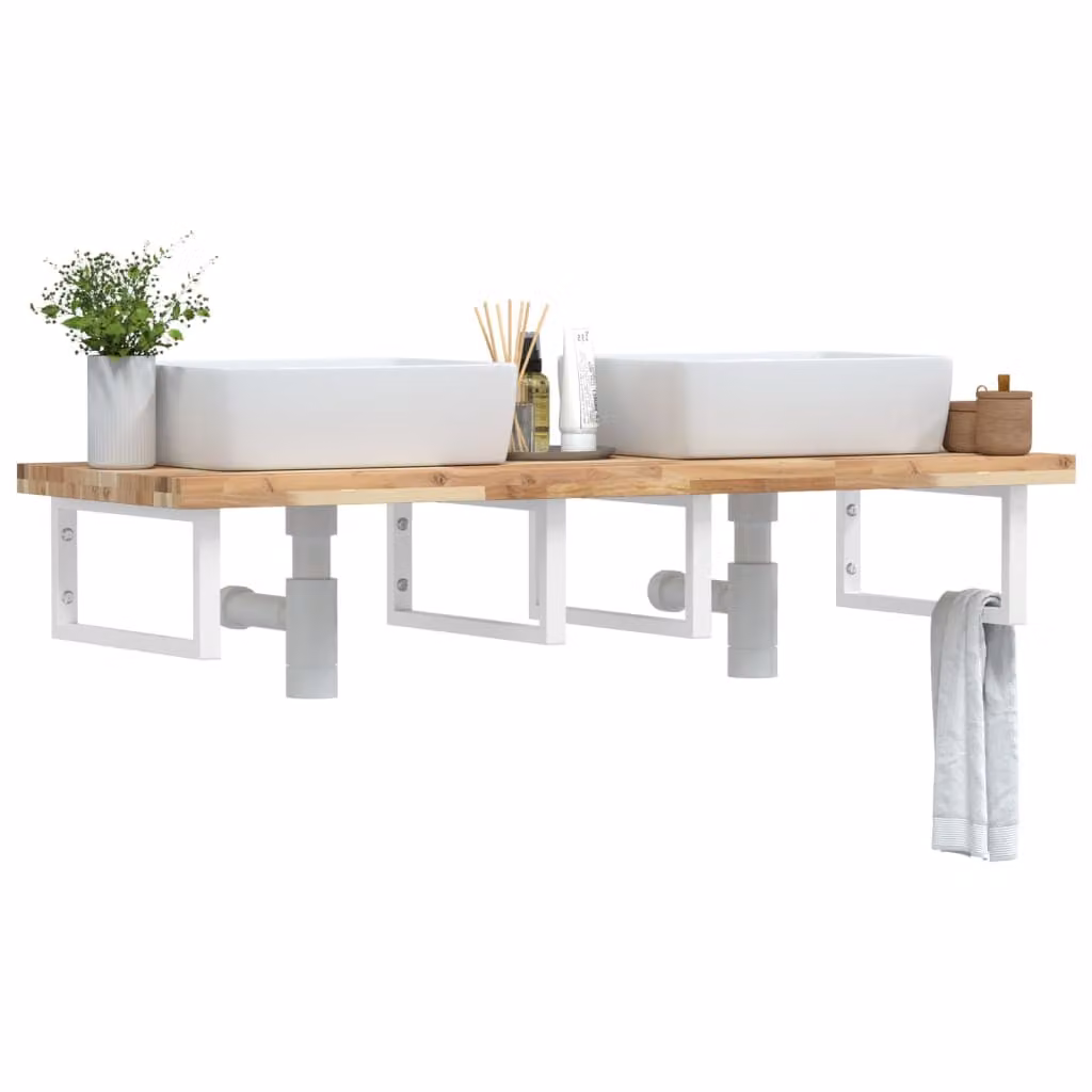 vidaXL Ripiano a Parete per Lavabo in Accacia e Acciaio, Bianco e Marrone