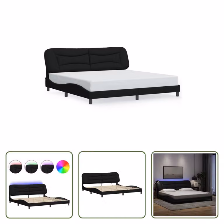 The Living Store Struttura letto con LED in tessuto nero 200x200 cm