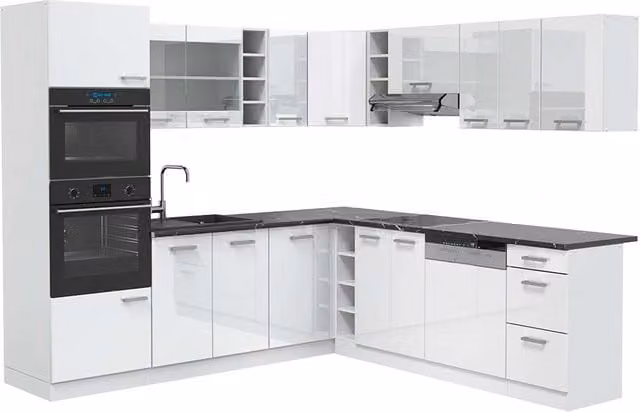 Cucina angolare moderna Vicco R-Line Bianco lucido e Antracite, L: 247 cm x P: 237 cm