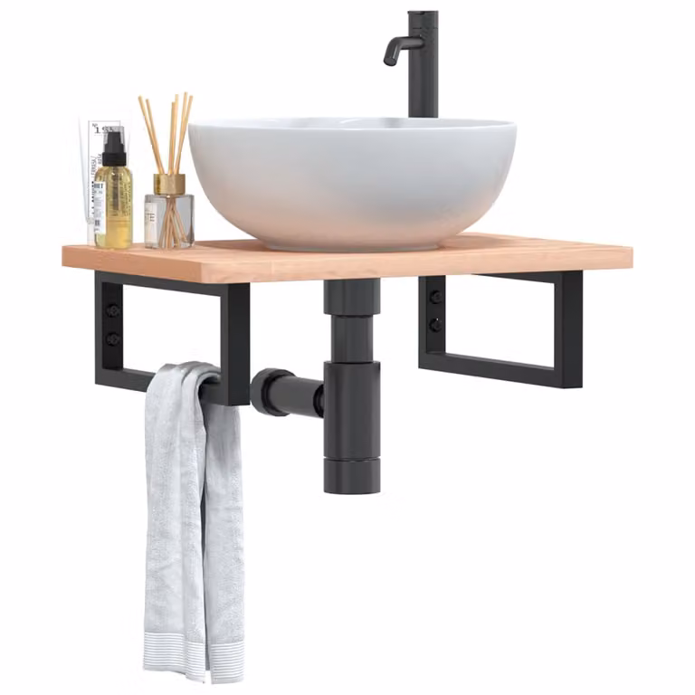 vidaXL Ripiano a Parete per Lavabo in Acciaio e Faggio, Nero e Marrone