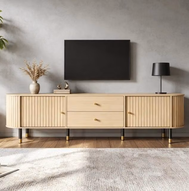 Mobile TV 180x40x58 cm in MDF e truciolare; effetto legno naturale; con 2 cassetti e 2 ante scorrevoli