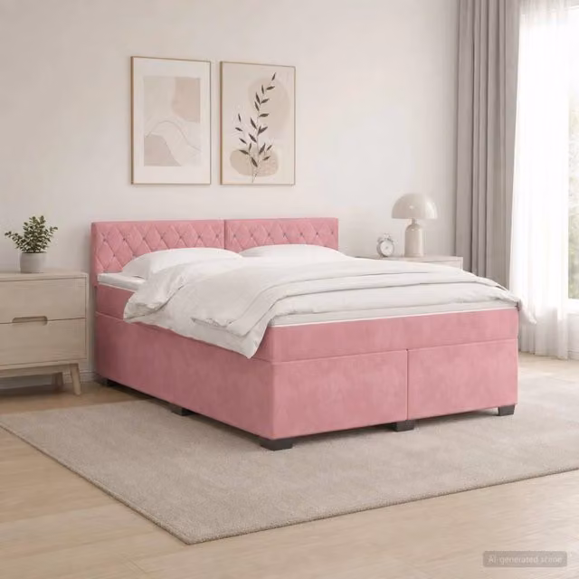 Letto con Box Spring e Materasso vidaXL in Velluto Rosa con Illuminazione LED e Porte USB L/P/H: 140 x 200 x 88 cm