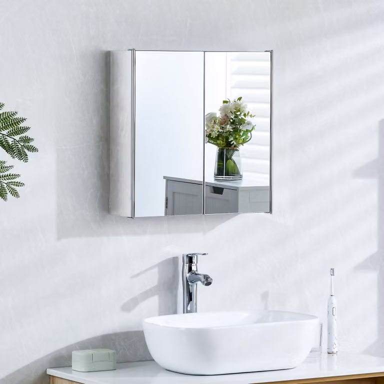 Specchio da bagno con doppia anta, in acciaio inossidabile, dimensioni 44x9 cm, da montare a parete, colore argento