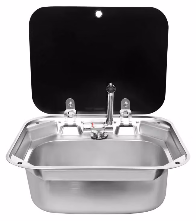 Lavello per camper, roulotte o barca - Lavello da incasso in acciaio inossidabile 304 - Con coperchio - Rubinetto pieghevole - Adatto per cucina/bar - Scarico curvo