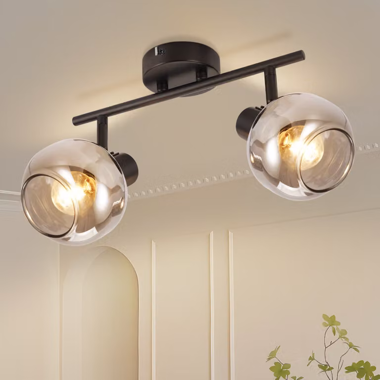 ZMH lampada da soffitto vintage soggiorno 2 fiamme E14 plafoniera fumo grigio vetro retro soffitto spot nero per camera da letto corridoio cucina (senza fonte di luce)