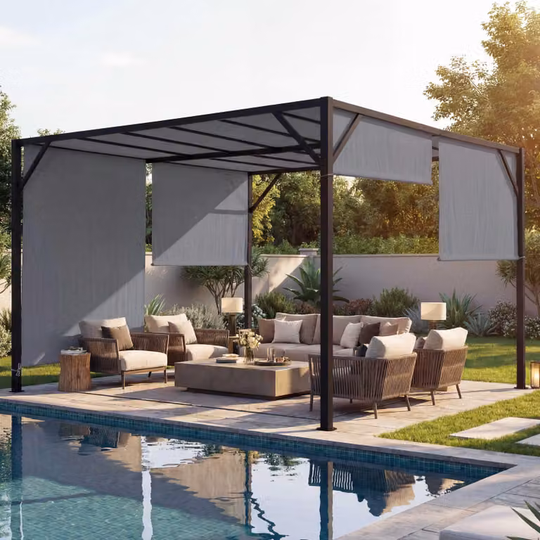 Pergola Beja, gazebo da giardino con copertura per terrazza, robusto telaio in acciaio da 6 cm + tetto scorrevole grigio ~ 4x3 m