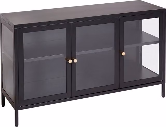 Credenza a 3 ante in acciaio nero con vetro temperato, ripiani regolabili, tappi per le gambe, mobili per il soggiorno dal design moderno.