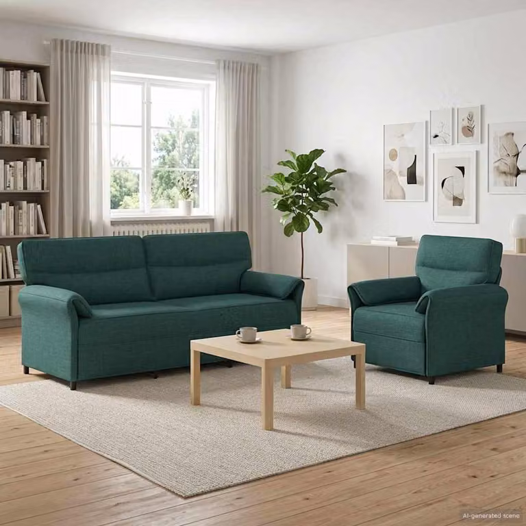 Set di divani 2 pezzi vidaXL in tessuto verde scuro con struttura in metallo e cuscini inclusi per il tuo soggiorno