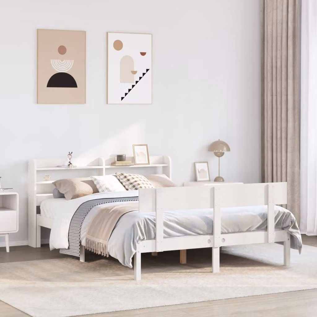 vidaXL Letto in Legno Massello di Pino Bianco con Ripiani Laterali L/P/H: 140 x 200 cm – 1