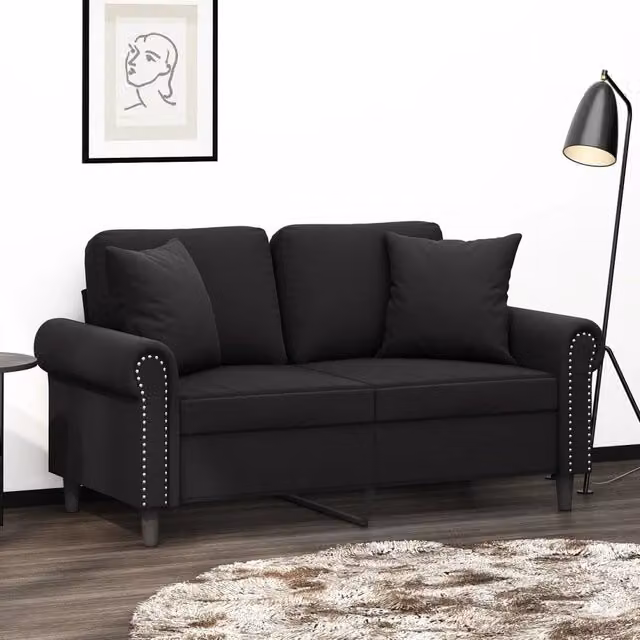 Divano a 2 posti moderno vidaXL in velluto nero con cuscini e struttura in metallo L: 152 cm, P: 80 cm, H: 77 cm – 1