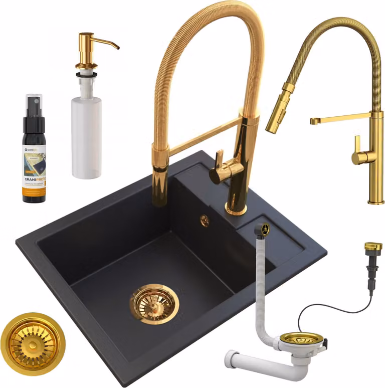Granitan - Lavello in granito - Lavello da cucina - 50x40 cm - Nero - con rubinetteria FULL GOLD e dispenser per sapone - BEST