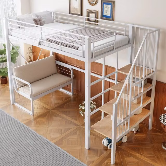 Letto a castello 90x200; struttura in metallo; divano con sedile rimovibile; scomparto riportabilti; scale; bianco