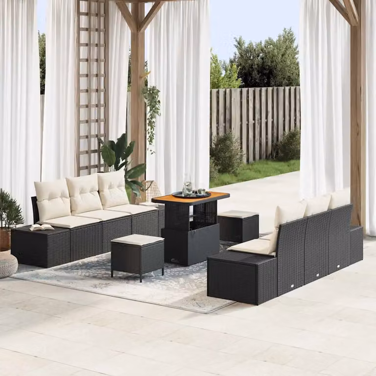 Set Divano da Giardino Moderno vidaXL in Polyrattan Nero con Cuscini e Tavolino da 9 Pezzi