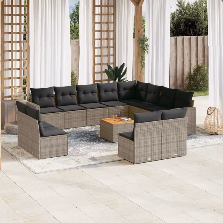 vidaXL Set Divani da Giardino 13 pz in Polyrattan Grigio con Cuscini e Tavolino da Esterno