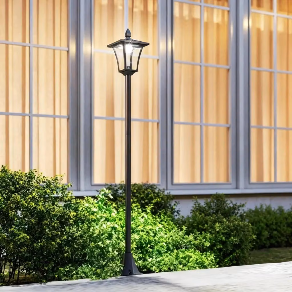 Lampada solare da giardino in stile vintage con LED luce bianca calda, lanterna da esterno nera con palo e struttura in metallo e plastica – 2