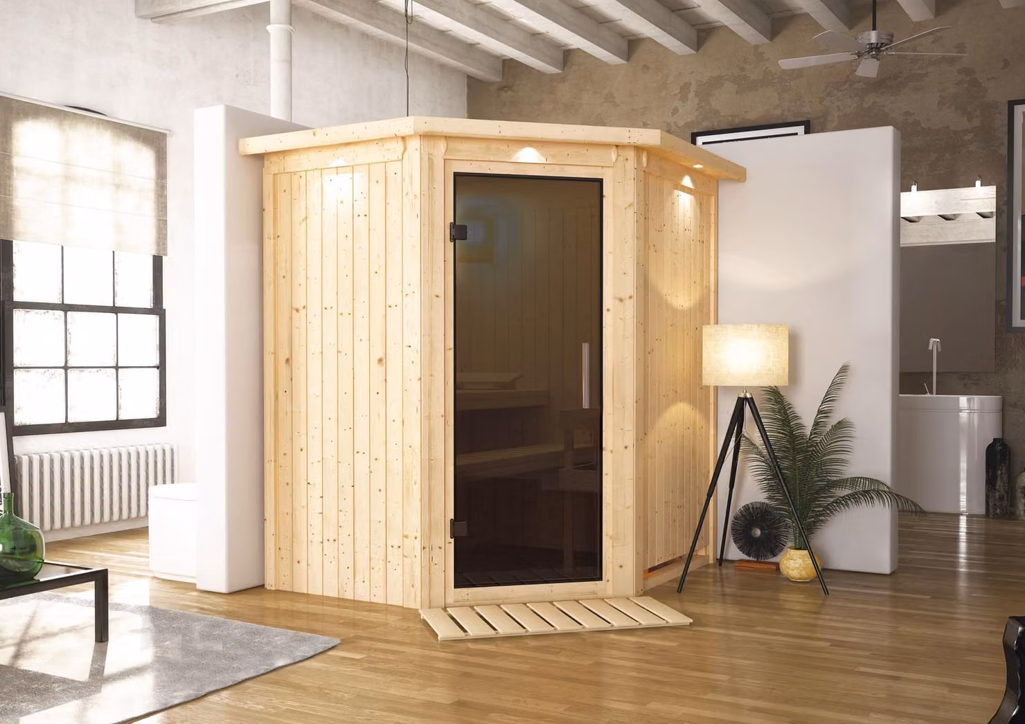 Sauna Taurin: senza illuminazione sul soffitto. Stufa finlandese da 9 kW + centralina Easy Finn. Porta interamente in vetro grigio. Illuminazione sul soffitto: assente. Stufa per sauna: 9 kW, stufa finlandese + centralina Easy Finn. Porta per sauna: inter