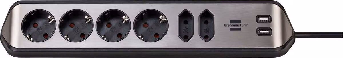 brennenstuhl® 1153590610 Presa di corrente angolare silenziosa ®estilo - 6 ganci, 2 m, nero, 4x Schuko, 2x Euro, 2x USB, senza interruttore