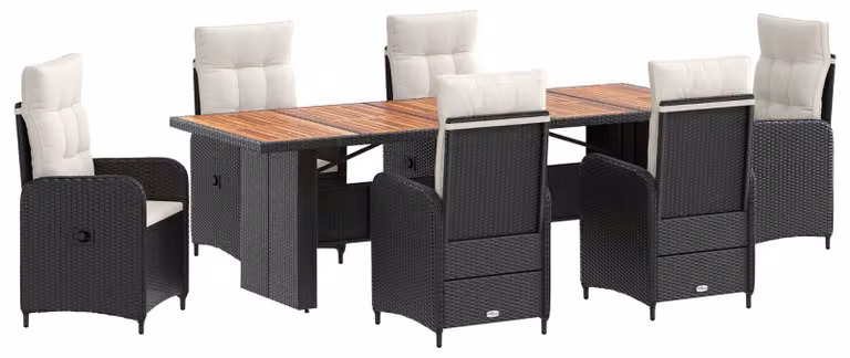 Set da tavolo da esterno, 7 pezzi, in rattan sintetico nero e crema