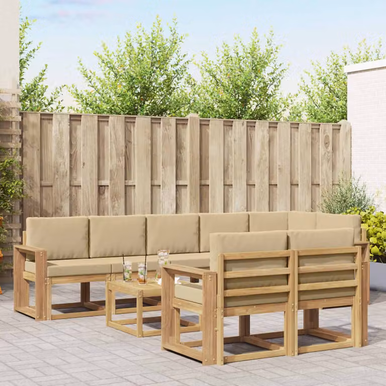 vidaXL Set di divani da esterno a forma di U composto da 9 pezzi con tavolino da caffè, in legno di acacia e tessuto bianco, beige e marrone