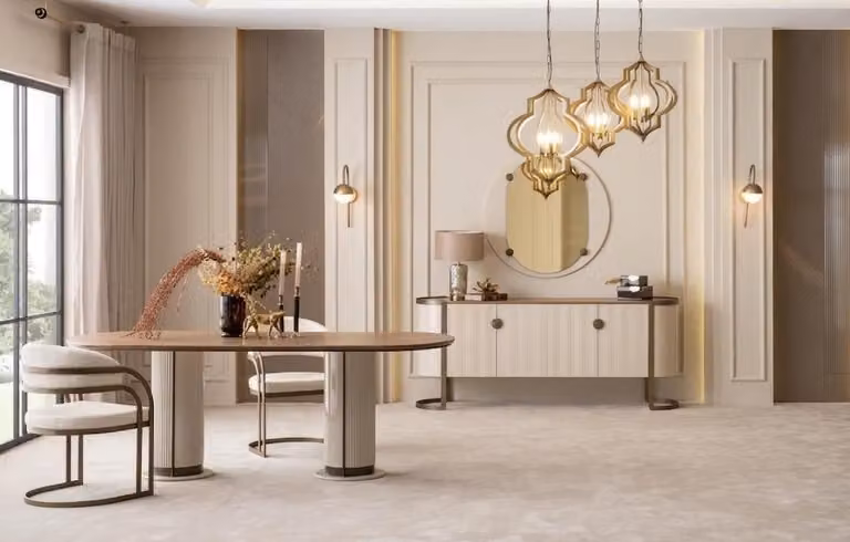 Tavolo da pranzo di design con sedie, credenza e specchio