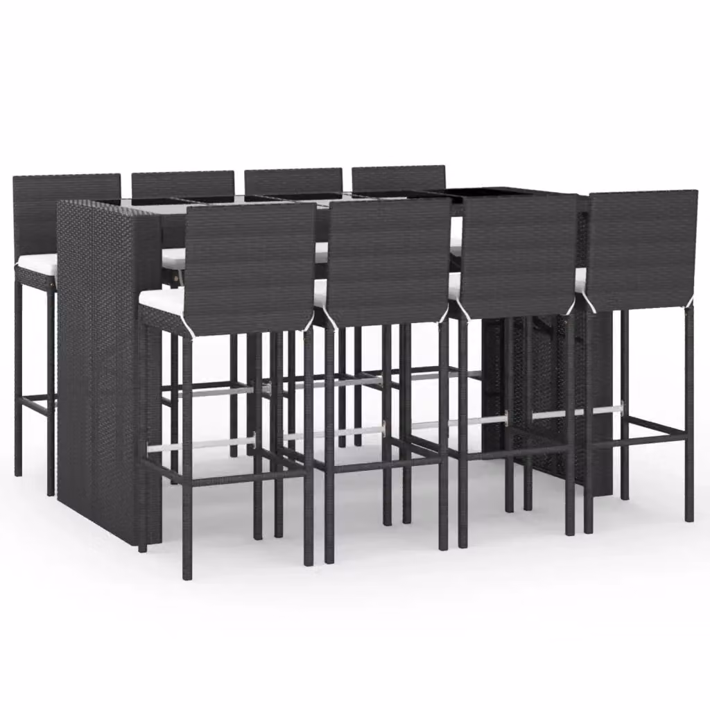 Set Bar da Giardino vidaXL in Polyrattan Nero con Cuscini e Tavolo in Vetro, 9 Pezzi – 2