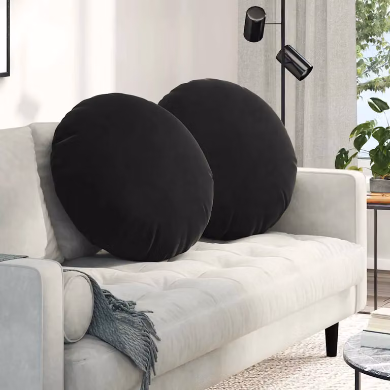 Set di 2 cuscini per seduta rotondi vidaXL in velluto nero con rivestimento rimovibile, Ø 60 cm x 21 cm