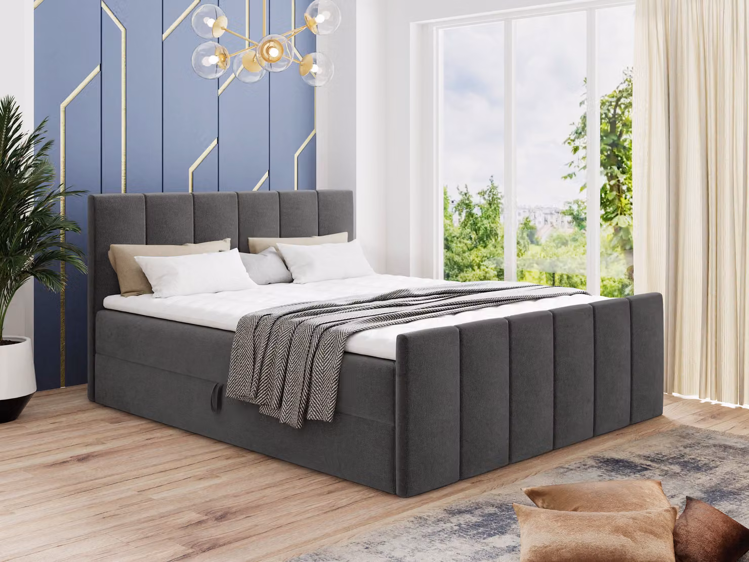 Letto boxspring Star Lux con pediera, 2 cassetti e coprimaterasso - Letto matrimoniale con coprimaterasso, materasso Bonell, letto imbottito, letto (grigio scuro (Kronos 22), 160 x 200 cm)