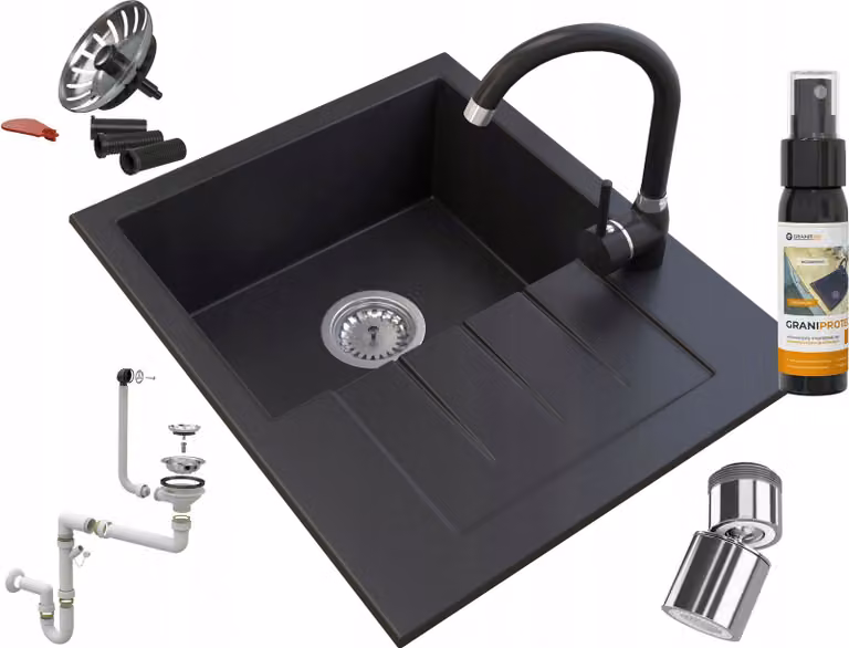 Granitan - Lavello in granito - Lavello da cucina - 57x46 cm - Nero - con accessori - Lavello - MILANO