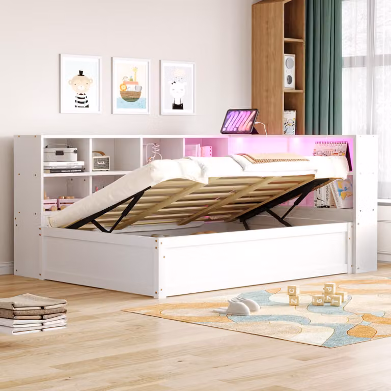 Divano letto 90 x 200 cm con spazio contenitore a sistema idraulico, presa multipla, striscia LED e diversi scomparti portaoggetti, realizzato in legno di pino